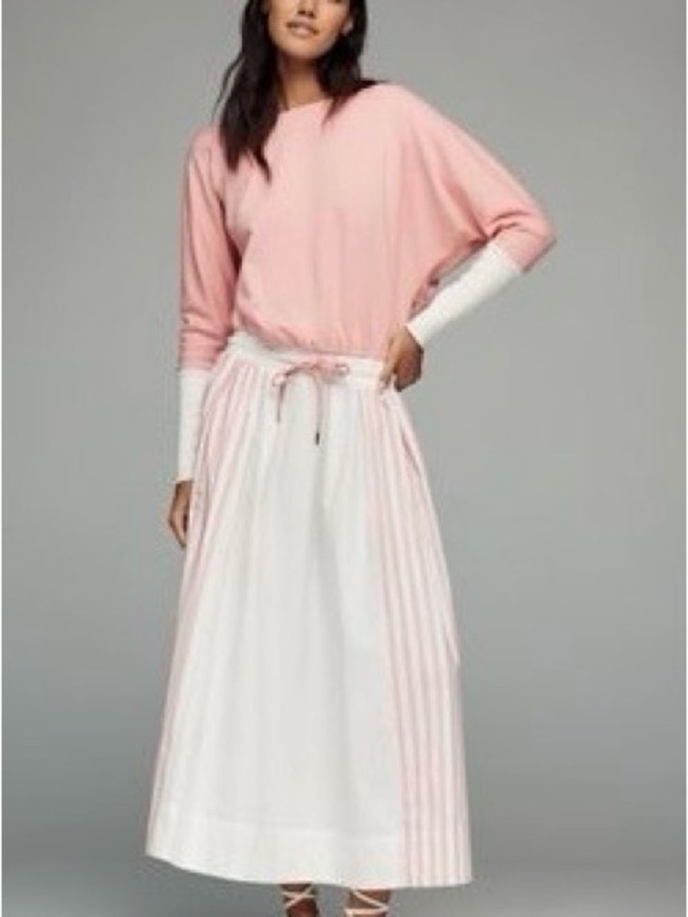 Soft Pink and White Maxi Dress with Drawstring Waist